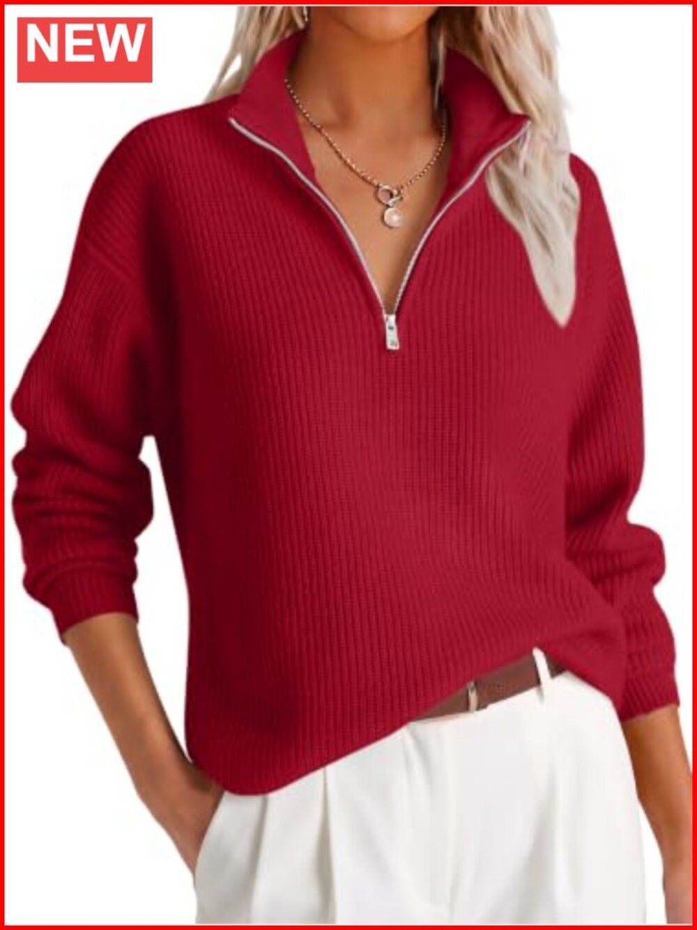 Cropped Quarter Zip Pullover Sweater Loose Fit Long Sleeve Knit
